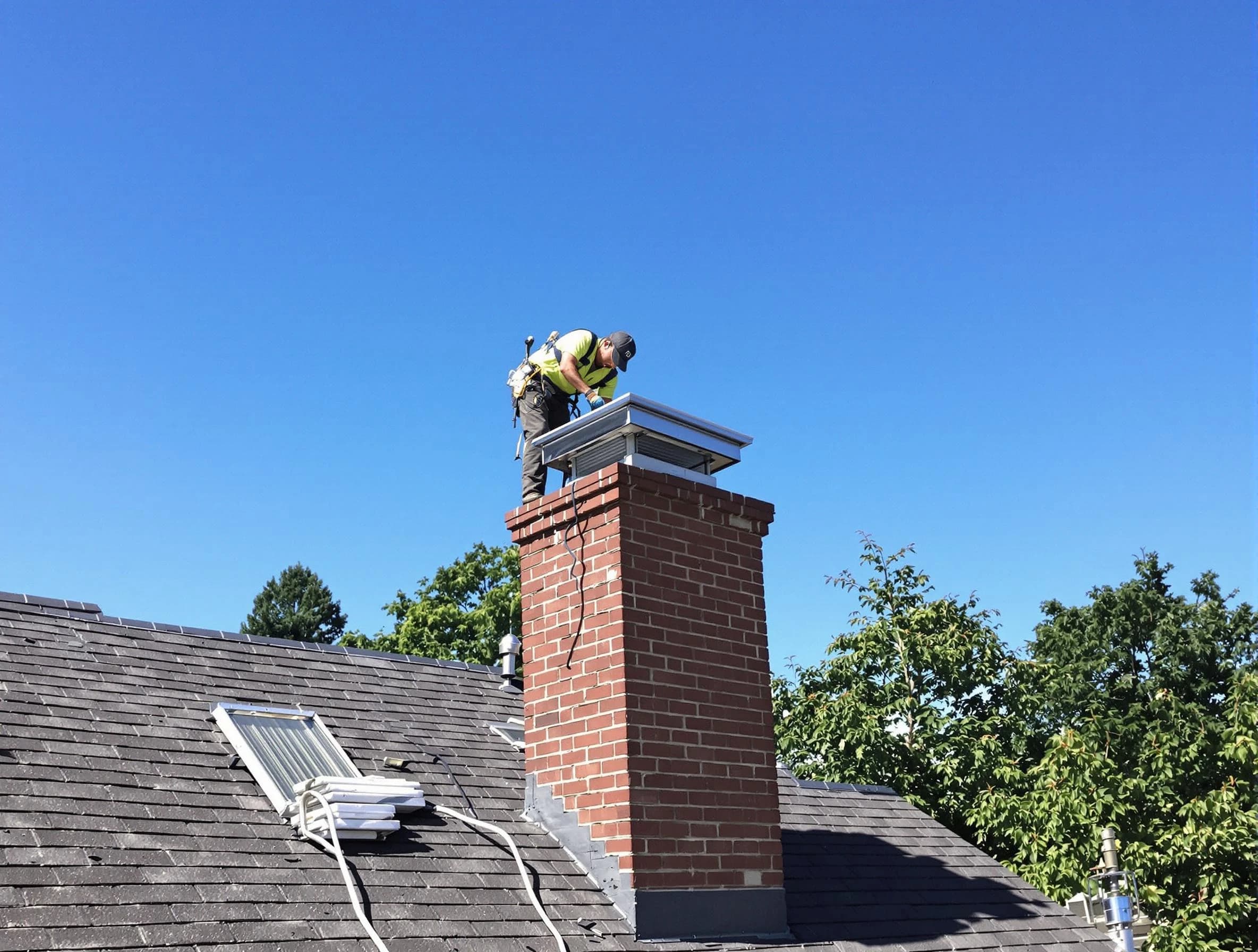 East Brunswick Chimney Sweep technician measuring a chimney cap in East Brunswick, NJ