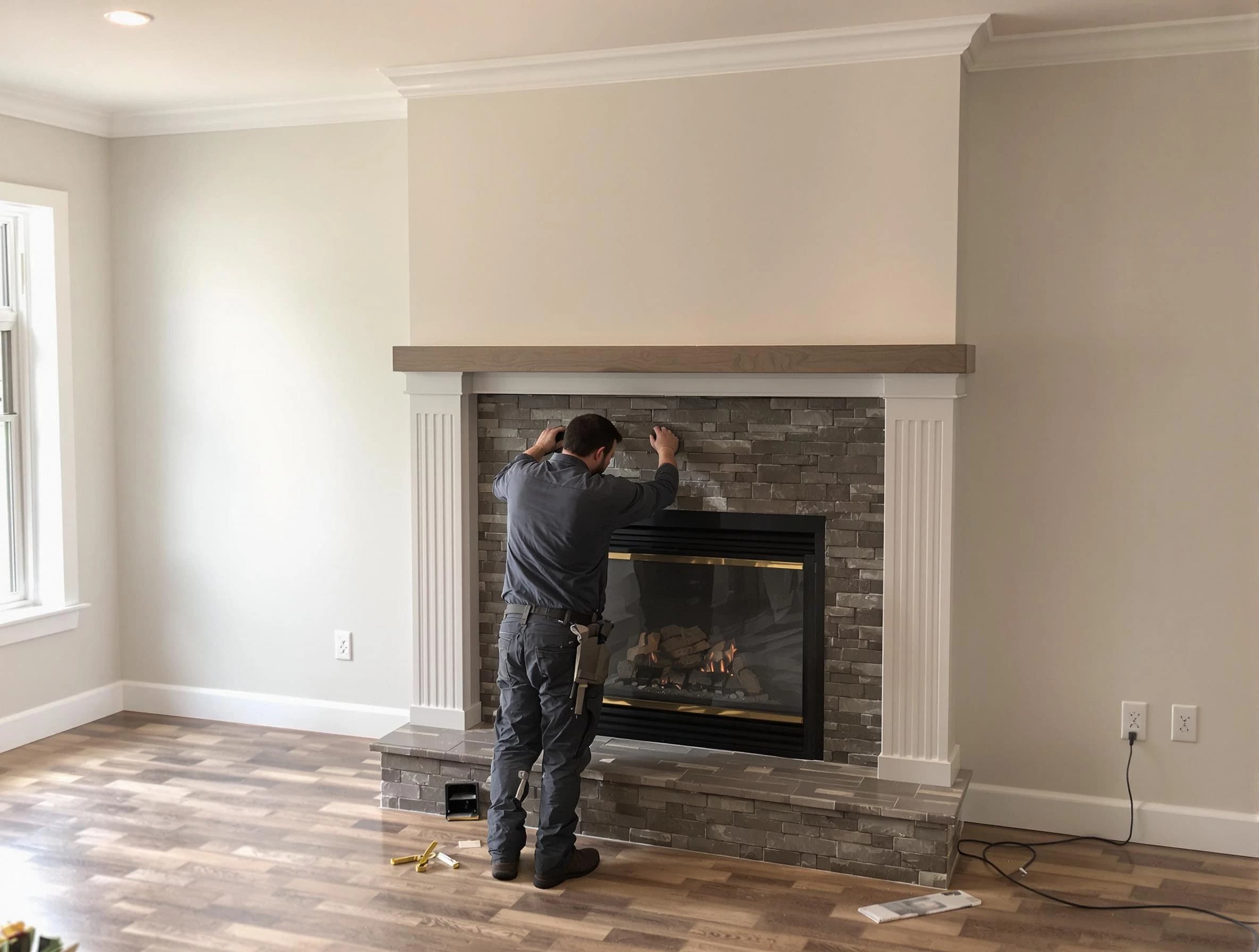 East Brunswick Chimney Sweep finishing a custom fireplace install in East Brunswick, NJ